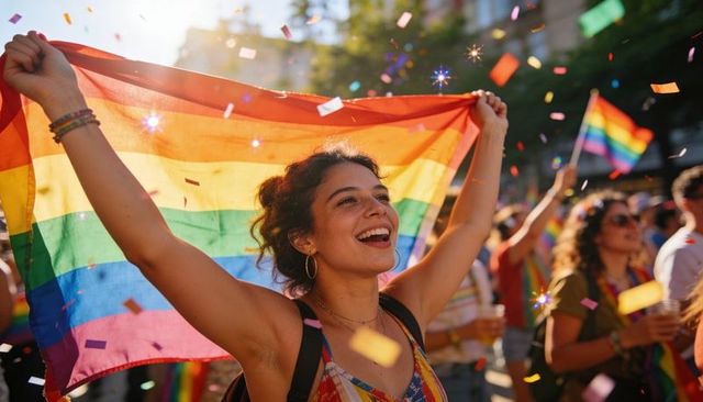 Smiling woman celebrating pride parade holding rainbow flag overhead amid sunlit confetti