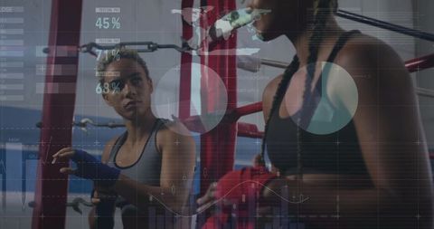 Female Boxer Preparing in Ring with Data Overlay