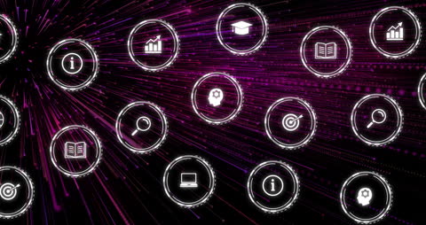Digital Network Icons and Connections on Purple Black Background