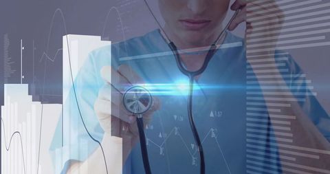 Doctor in Blue Scrubs Interacting with Futuristic Medical Interface