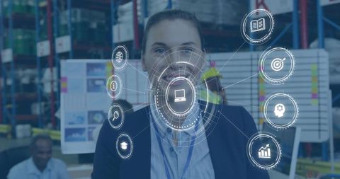 Warehouse manager leading digital operations using augmented reality analytics dashboard