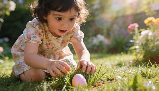 Toddler girl discovering pastel easter egg on dewy lawn morning sunlight and wonder