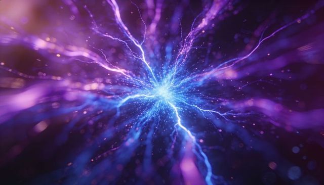 Radiating electric plasma core sending blue lightning tendrils with purple magenta sparks