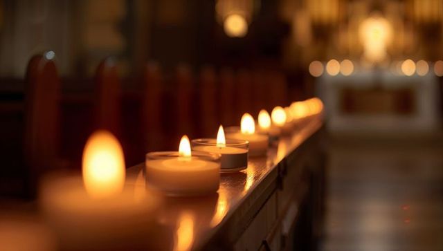 Row of glowing votive candles on polished wooden rail in chapel creating warm bokeh