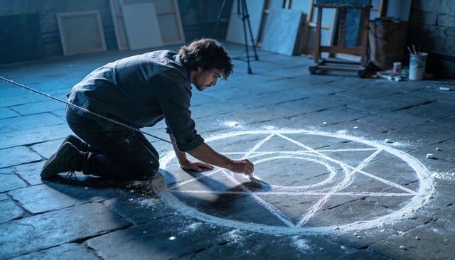 Kneeling artist drawing powdered pentagram on dusty studio floor with rope across torso