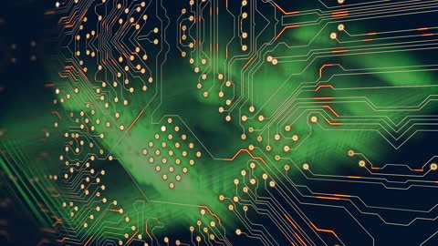 Conceptual Microprocessor Circuitry with Green Light Trails Overlay