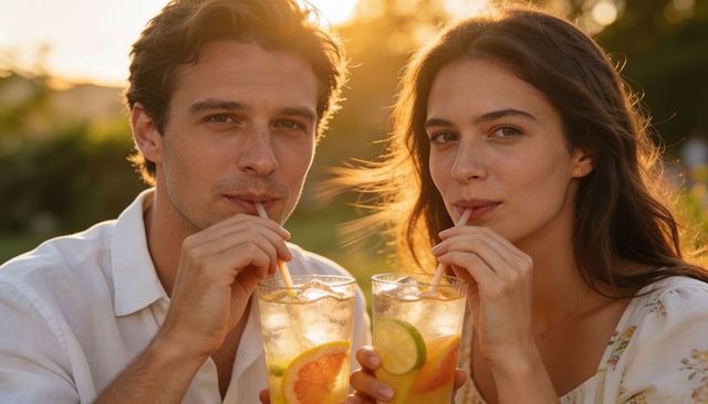 Couple sipping iced citrus cocktails at golden hour in garden holding dewy glasses