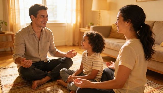 Parents and child practicing mindful breathing together in cozy sunlit living room for calm