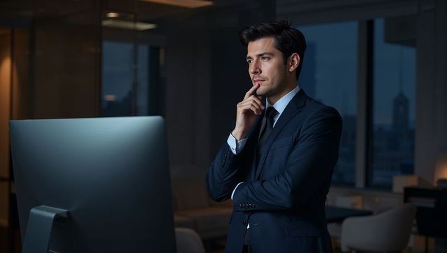 Executive contemplating at monitor in modern office during dusk with city skyline
