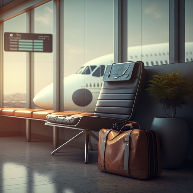 Airport with chair, suitcase, screen and plane outside window created using generative ai technology. Airport, transport and travel concept digitally generated image.