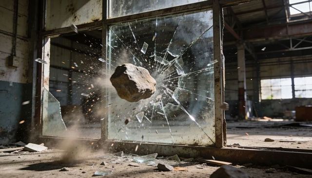 Rock shattering glass panel, shards flying and dust bursting in abandoned warehouse