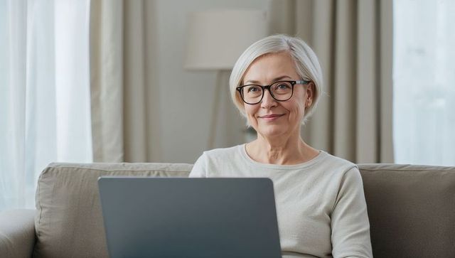 Senior woman smiling and working from home on laptop wearing black-rimmed glasses
