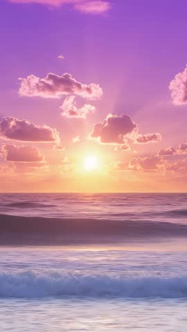 Vertical video glowing sun sinking over purple ocean horizon with rolling waves