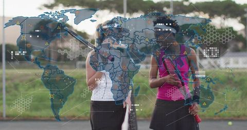 Tennis Players Companionship with World Map Overlay