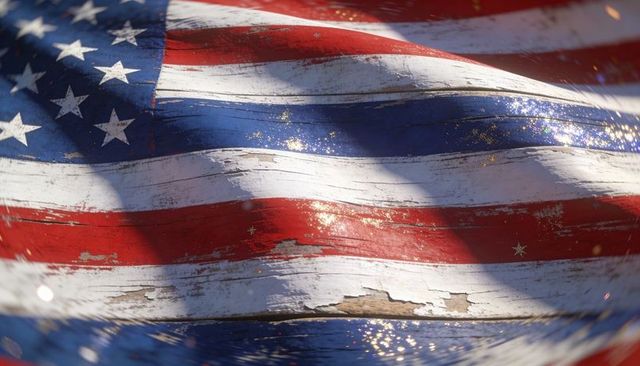 Displaying distressed american flag on weathered wooden planks with gold flecks and shadows