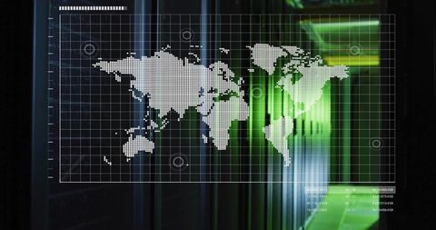 Global network map overlay on green-lit data center with gridlines, markers and timestamps