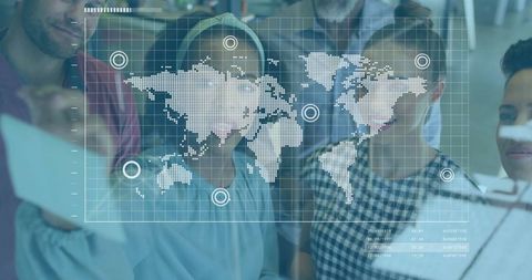 Team Analyzing World Map Data on Transparent Touchscreen