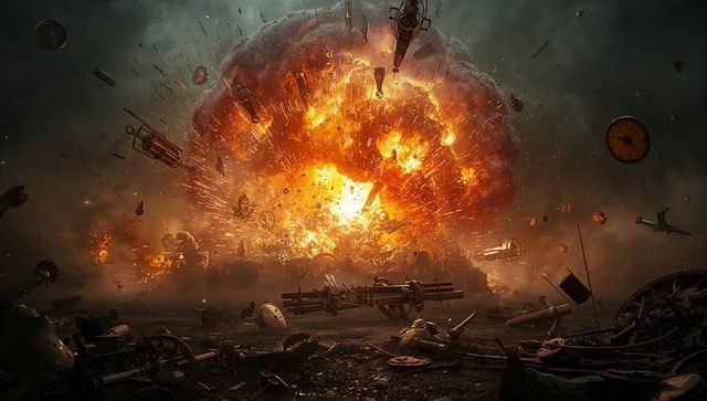 Apocalyptic explosion in war-torn landscape with fiery mushroom cloud