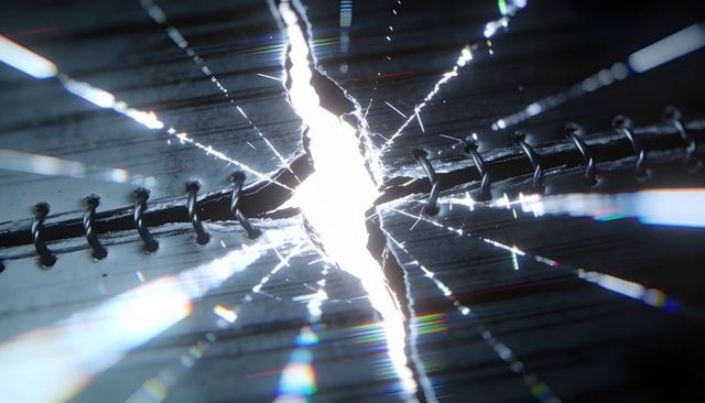 Tearing coil spine splitting with radial cracks and prism flares, macro abstract fracture