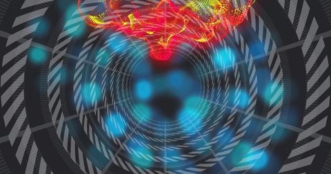 Futuristic vortex tunnel spiraling chevrons, glowing cyan orbs, red-yellow particle ribbon