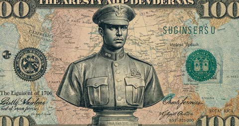 Zooming Into Bust of Marine Officer on AI-generated 100-unit Banknote