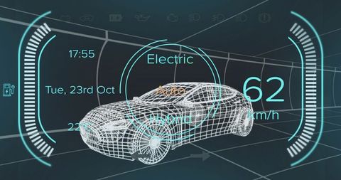 Futuristic electric car wireframe with hud display elements