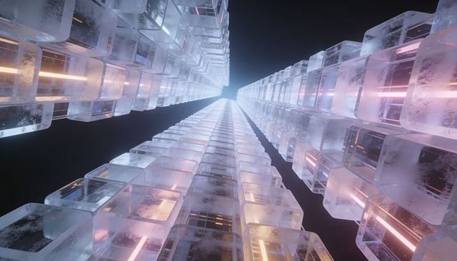 Vertical neon glass cube towers converging toward bright apex futuristic cityscape