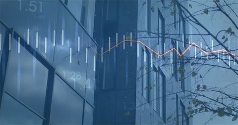 Financial Data Overlay on Modern City Buildings