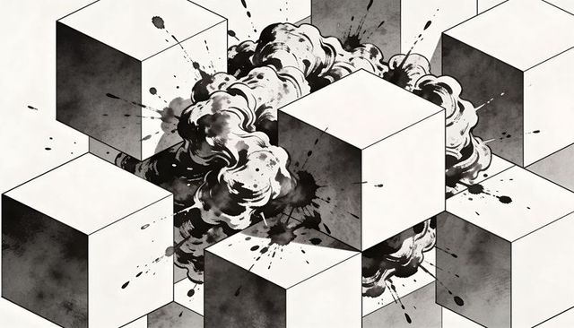 Monochrome ink explosion colliding with isometric cubic grid, abstract geometric art