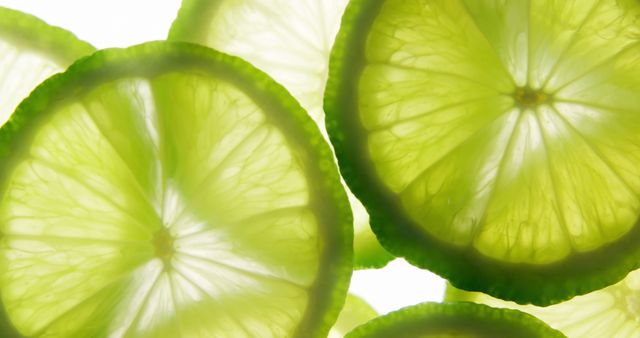Sliced lime pieces are backlit, showcasing their vibrant green edges and translucent texture, with copy space. Their intricate details and freshness are highlighted, perfect for themes related to health, cooking, or summer refreshments.