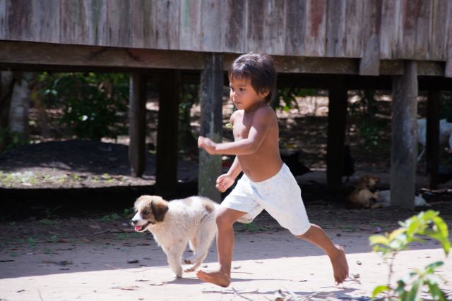 Child running outdoors in rural area accompanied by puppy. Ideal for themes of childhood, play, and the bond between children and pets. Useful for educational materials, promotional content about rural life, and pet-related campaigns.