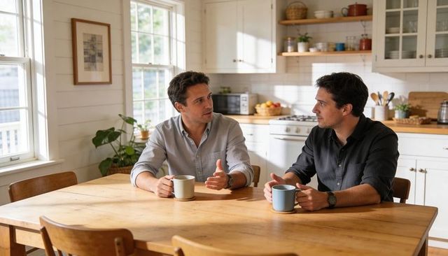 Two men talking over coffee at sunlit kitchen table, casual morning conversation at home