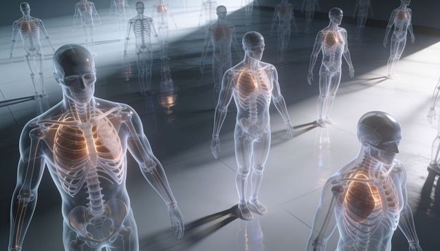 Translucent human figures showing skeleton and glowing hearts in futuristic laboratory