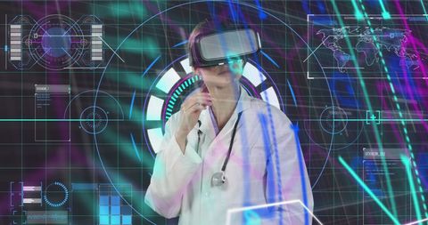 Female doctor wearing vr headset interacting with digital interface