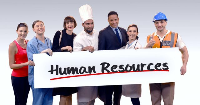 Group of various professionals from different occupational backgrounds holding human resources banner. Concepts include teamwork, career opportunities, workplace diversity, and collaboration. Ideal for HR websites, career coaching platforms, and job market presentations.