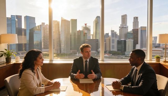 Executive team negotiating strategy around conference table with city skyline backdrop