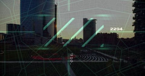 Futuristic Urban Skyline with Digital Overlay at Dusk