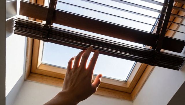 Hand adjusting wooden skylight blinds, sunlight casting soft ceiling shadows