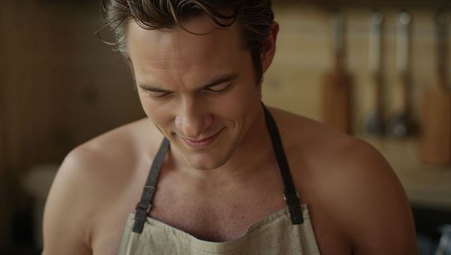 Smiling young man wearing beige apron gazing down in rustic kitchen with warm wood tones