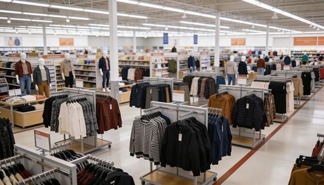 Spacious retail clothing store interior showcasing jackets, hoodies, mannequins, aisles