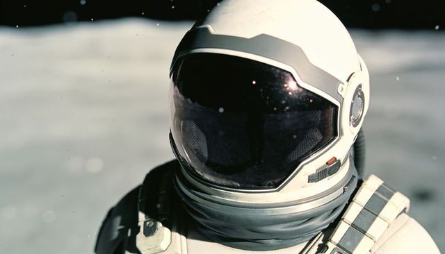 Standing astronaut on moon with reflective visor, umbilical cable and starfield horizon