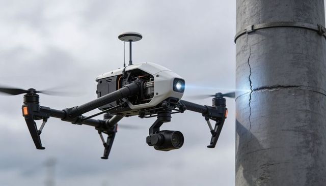 Inspection drone hovering near cracked concrete utility pole emitting blue scanning beam