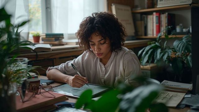Young woman sketching on digital tablet in cozy plant-filled home studio creative workspace