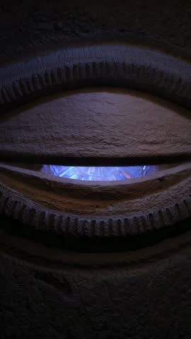 Stone Eye Portal Revealing Blue Pulsing Rays with Sliding Lid Closing and Lifting
