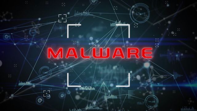 Shows 'Malware' warning in digital context with futuristic technology background. Useful for online security presentations, cybersecurity education, and illustrating cybercrime prevention. Good for articles about protecting against cyber attacks and understanding digital threats.