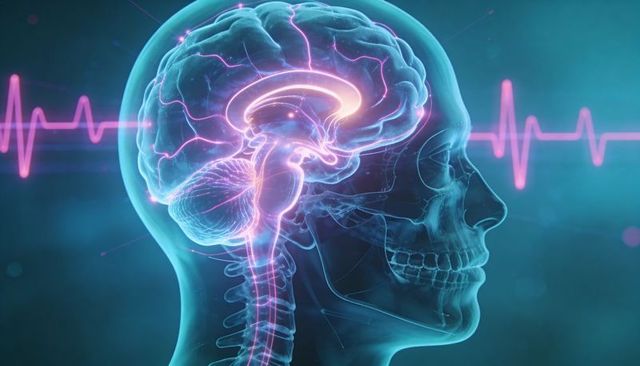 Transparent skull depicting neon brain pathways with ecg waveform illustrating neural circuitry