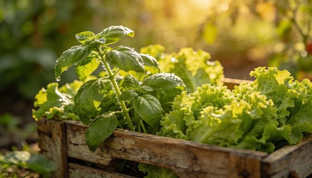 Glistening morning dew on basil and lettuce in rustic wooden crate, organic garden harvest