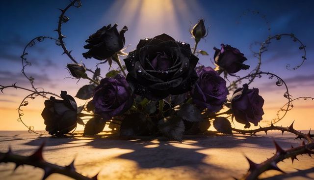 Backlit black and purple roses glowing with dew, thorn vines casting dramatic shadows