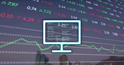 Neon monitor overlaying stock market ticker, code and analytics over city skyline