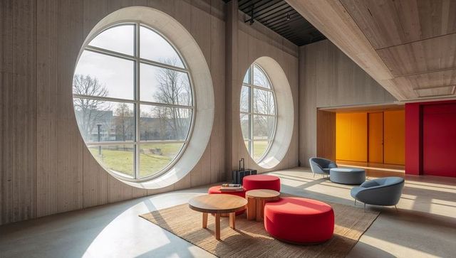 Contemporary lounge with round windows and modern furnishings